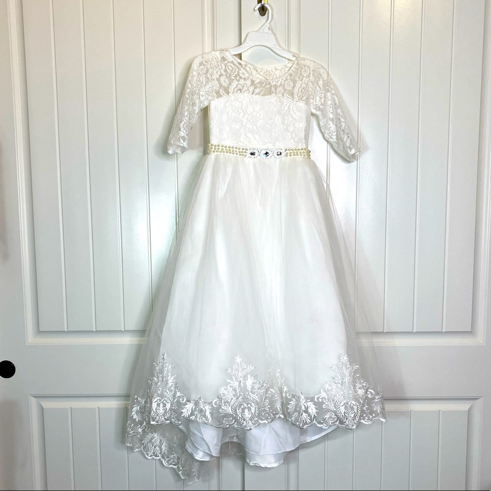 New! Flower Girls Long Lace white Bridesmaid Dress